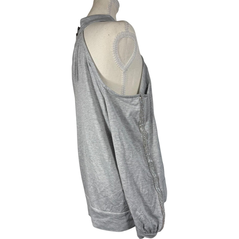 VENUS Cold Shoulder Top Womens L Gray Rhinestone Keyhole Halter Long Sleeve - Picture 14 of 17